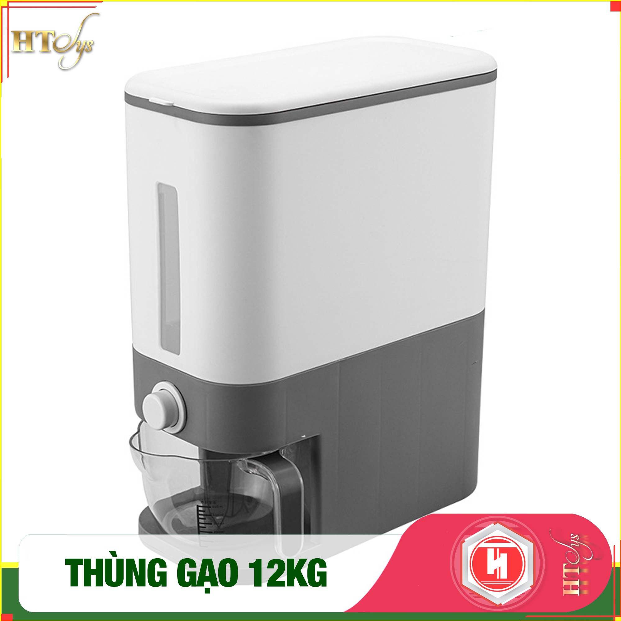 01 Thùng đựng gạo thông minh 12kg HT SYS, thiết kế dạng nhấn nút, chất liệu ABS cao cấp + 01 Vỉ móc Vàng Tài Lộc + 04 Khăn lau siêu thấm