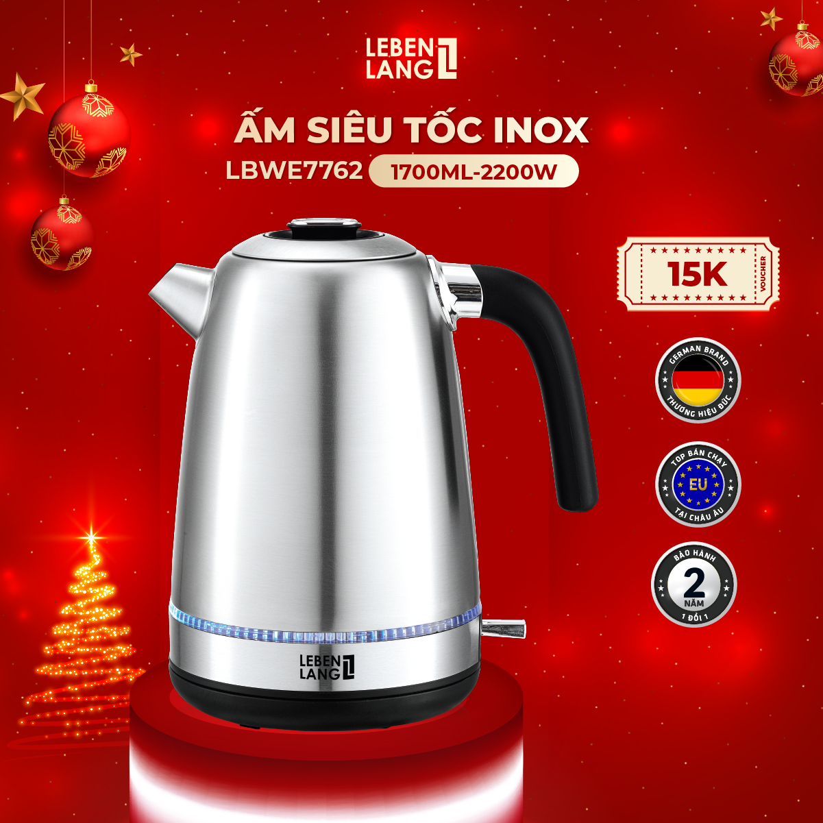 Ấm siêu tốc LEBENLANG LBWE7762 bằng inox 1.7 lít, công suất 2200W, bảo hành 2 năm - hàng chính hãng