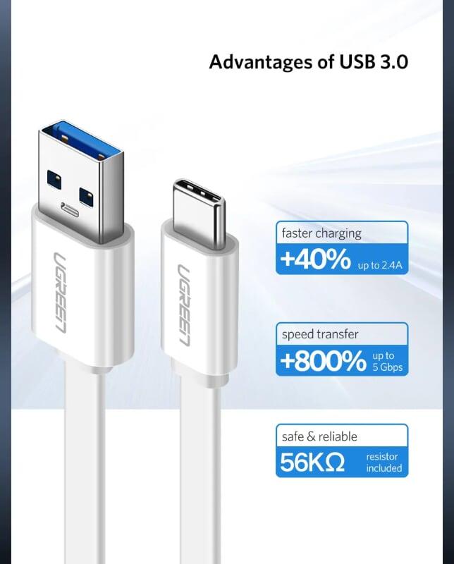 Ugreen UG30622US172TK 0.5M màu Trắng Cáp USB TypeC sang USB 3.0 cáp tròn - HÀNG CHÍNH HÃNG