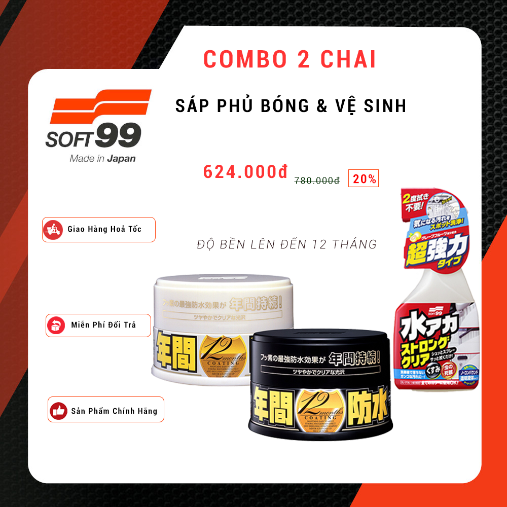 Combo Sáp Phủ Bóng Sơn Fusso Coat &amp; Vệ Sinh Sơn Stain Cleaner Strong R-141 SOFT99