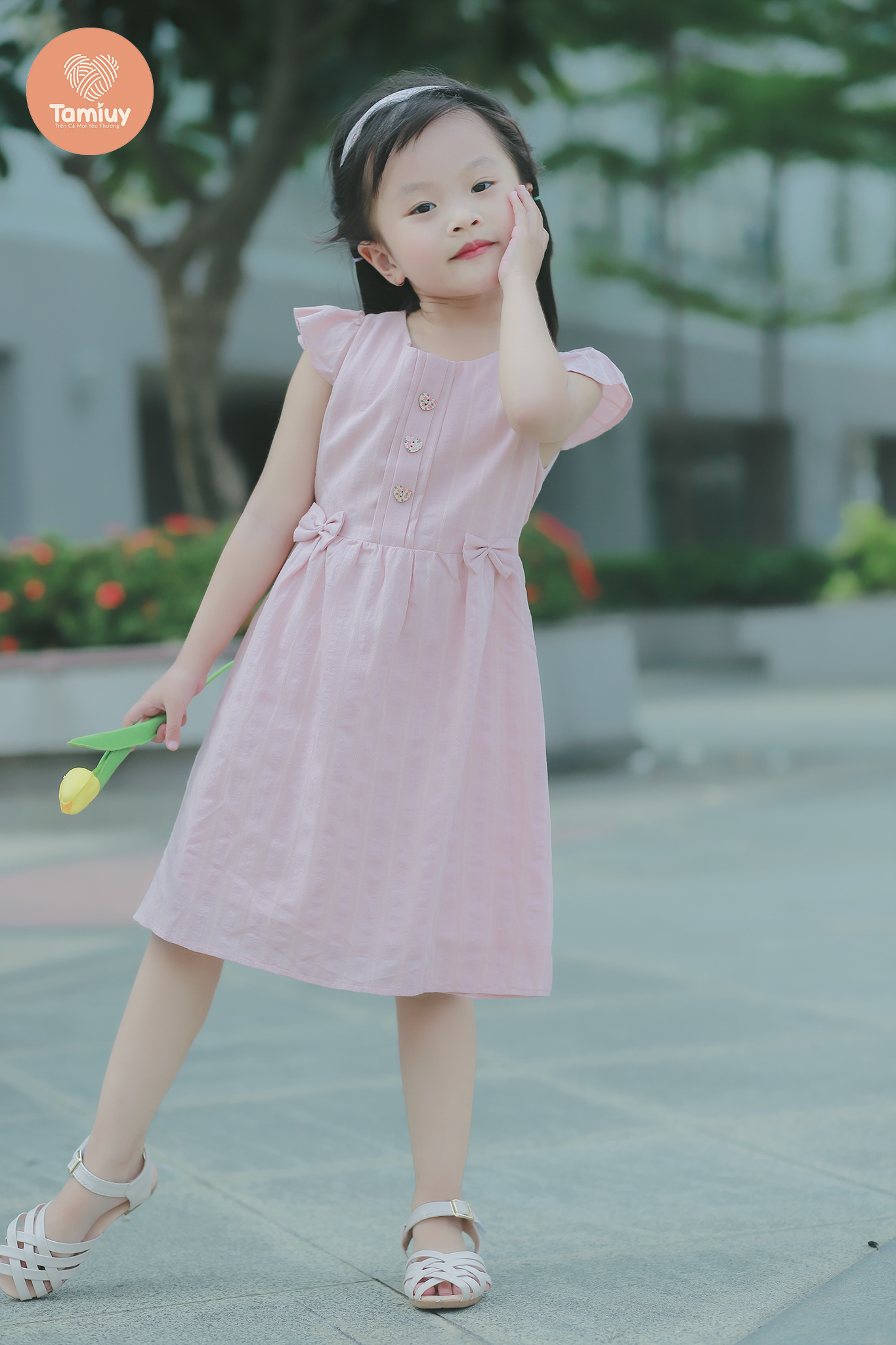 Đầm Xòe Tamiuy Thiết Kế Đính Nút Tay Cánh Tiên Nữ Tính Đáng Yêu Cho Bé Gái Từ 1-10 Tuổi