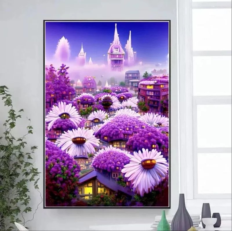 [Thêu 4 sợi] Tranh thêu kín lâu đài mây tím 8011, kích thước 60 x 90 cm