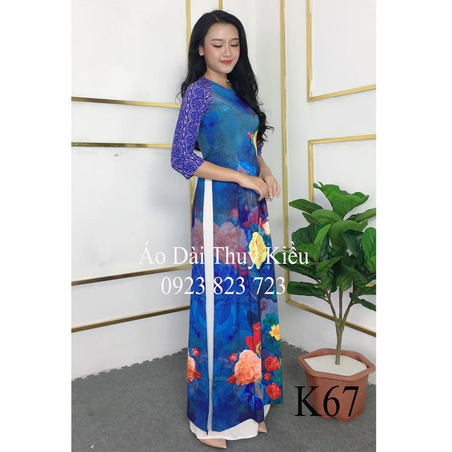 Áo dài nữ thiết kế đẹp may sẵn cách tân trung niên tết nền xanh K67 Thúy Kiều mềm mại, co giãn,áo dài giá rẻ