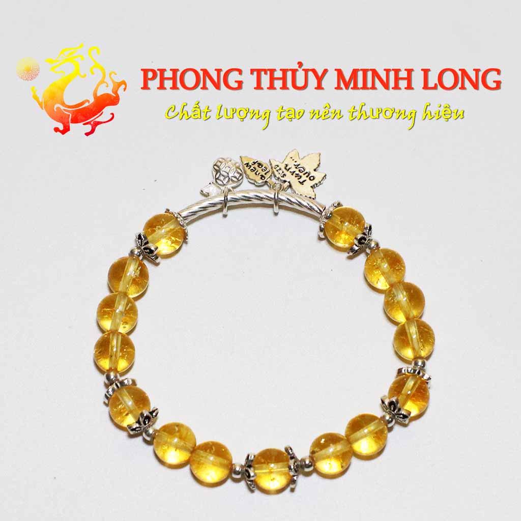 Vòng tay đá Thach Anh Vàng chất lượng 5A Mix túi tiền lá bạch dương bạc nhỏ xinh hợp mệnh Thổ và Kim