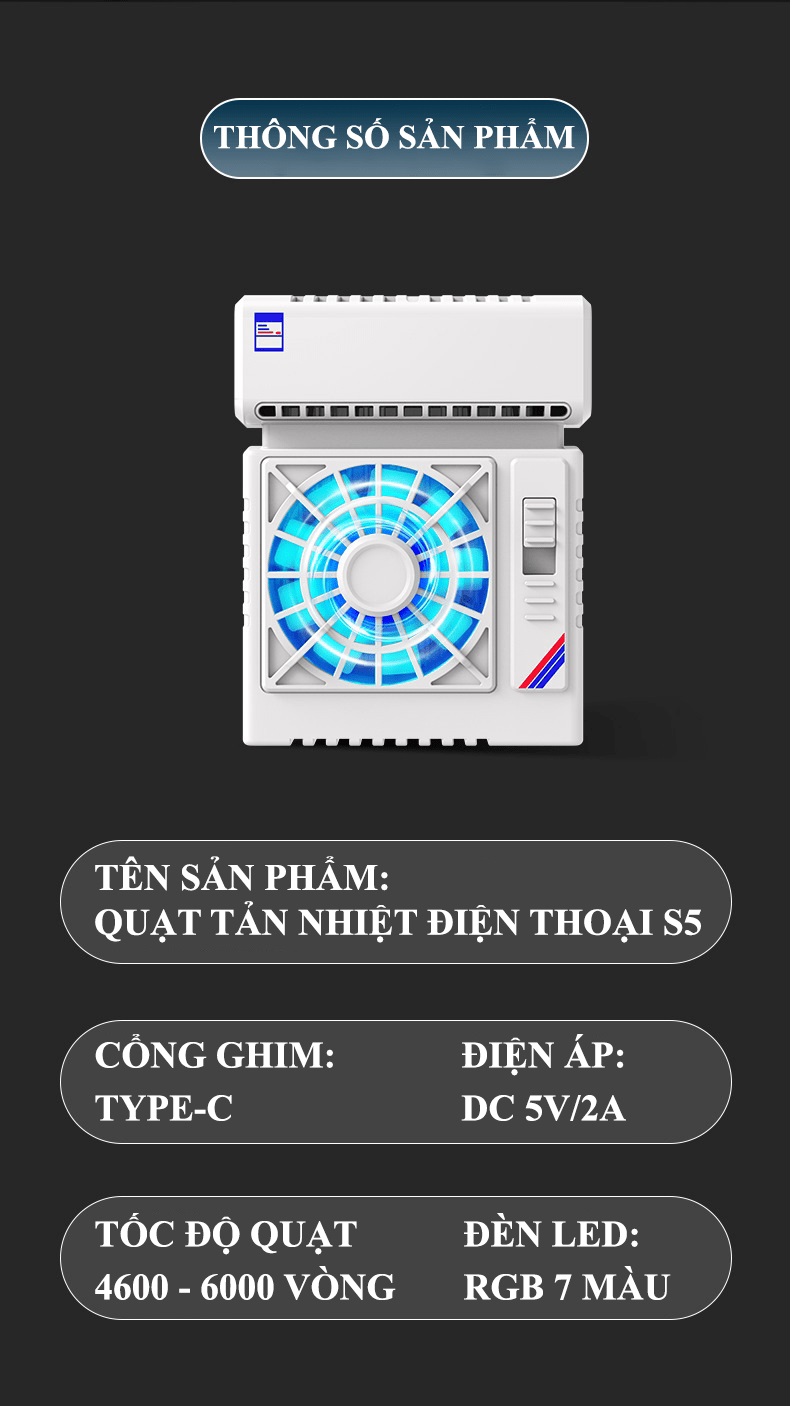 Quạt tản nhiệt điện thoại S5 có trang bị sò lạnh làm mát cực nhanh kèm theo đèn led RGB tự đổi màu -JL