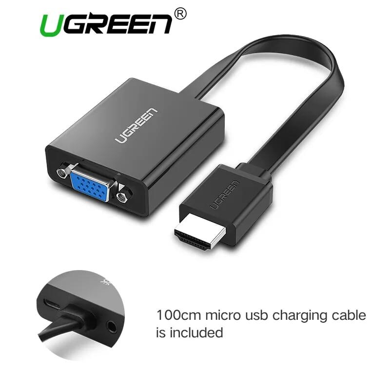 Ugreen UG40248MM103TK Màu Đen Bộ chuyển HDMI sang VGA dây dẹp kèm cổng âm thanh - HÀNG CHÍNH HÃNG