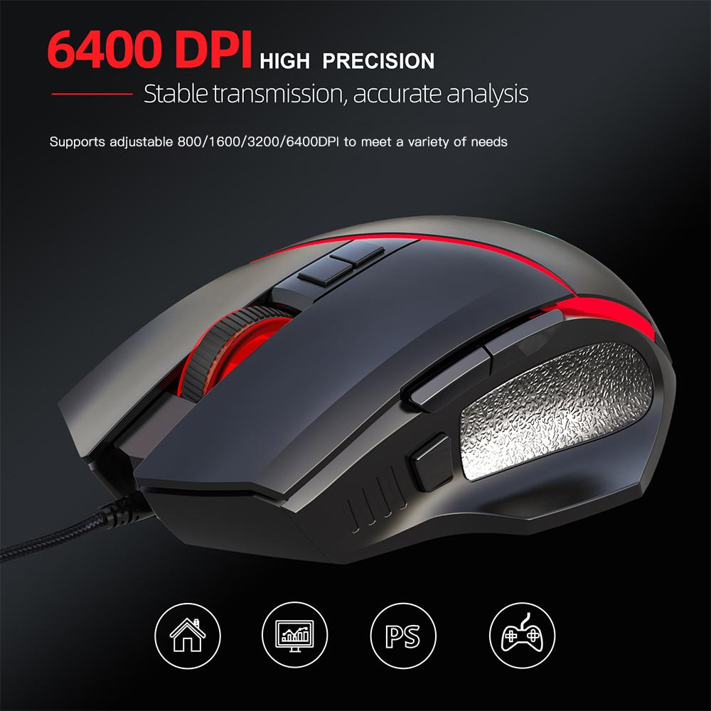 HXSJ A876 USB Wired Gaming Mouse Colorful Breathing Light Optical Gaming Mouse with 4 Adjustable DPI for PC Laptop