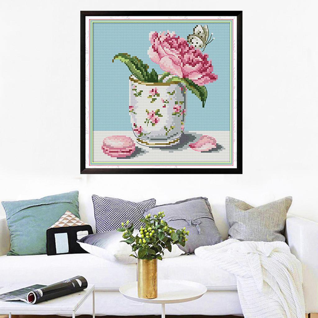 14CT Flower Stamped Cross Stitch Kit Handmade Crafts for Home Decor 8x8''