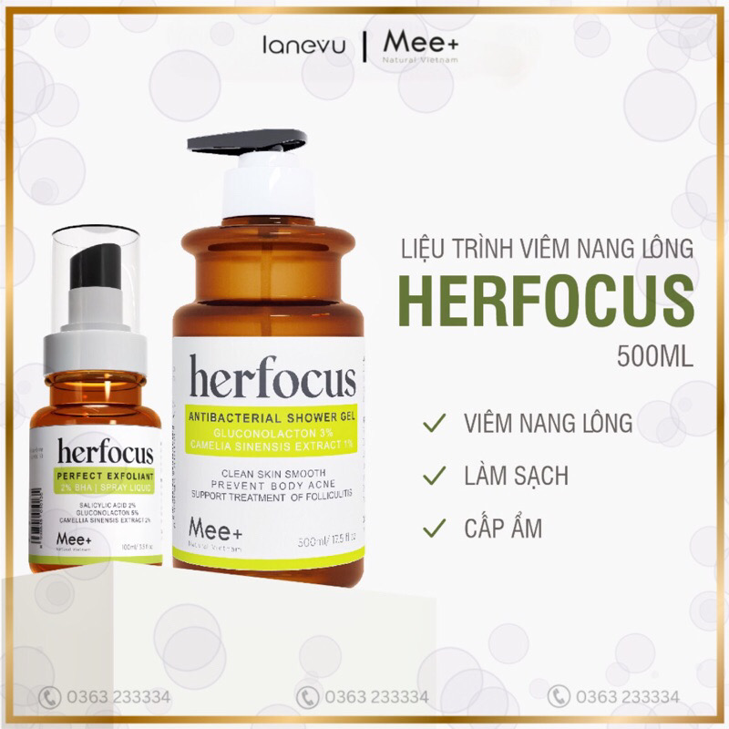 Liệu Trình Chuyên Viêm Nang Lông Đặc Biệt - Xịt HERFOCUS 100ml + Sữa Tắm HERFOCUS 500ml