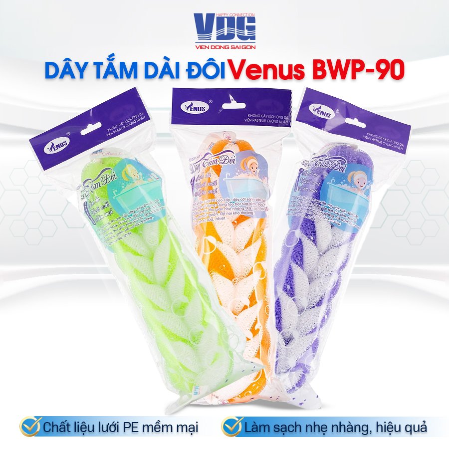 Dây tắm dài đôi Venus BWP-90-Tạo bọt nhiều, tấy da chết, thẩm thấu sữa tắm nhiều,massge thư giãn (Giao màu ngẫu nhiên)