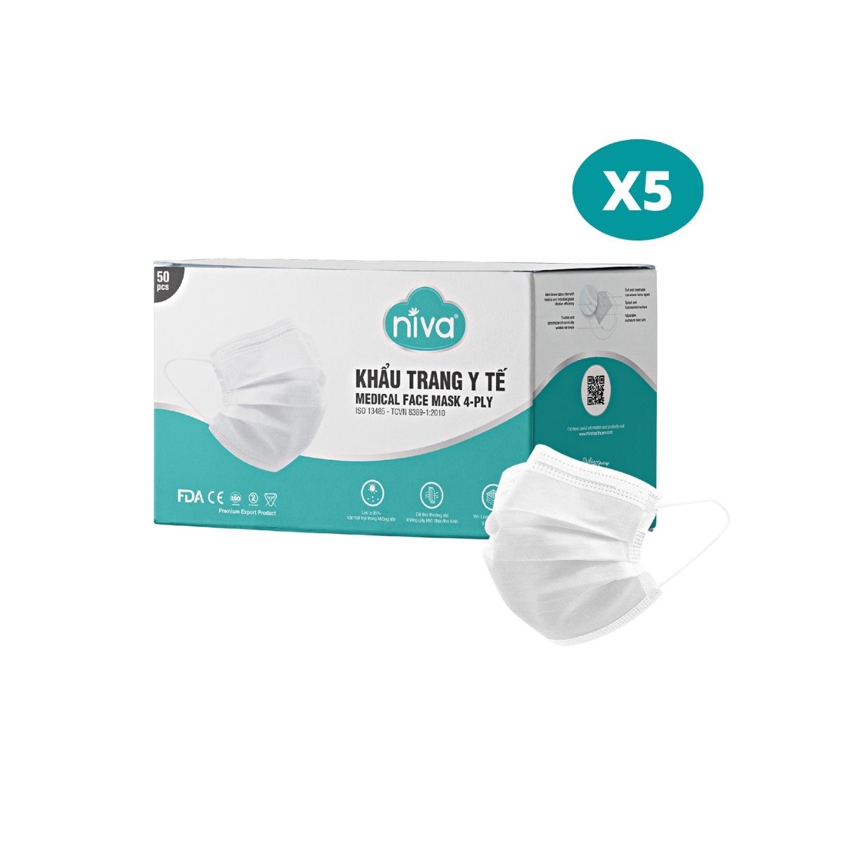 Combo 05 Khẩu Trang Y Tế 4 Lớp Niva Hộp 50 Cái Kháng Khuẩn, Ngăn Khói Bụi, Vi Khuẩn Hàng Chính Hãng Cao Cấp