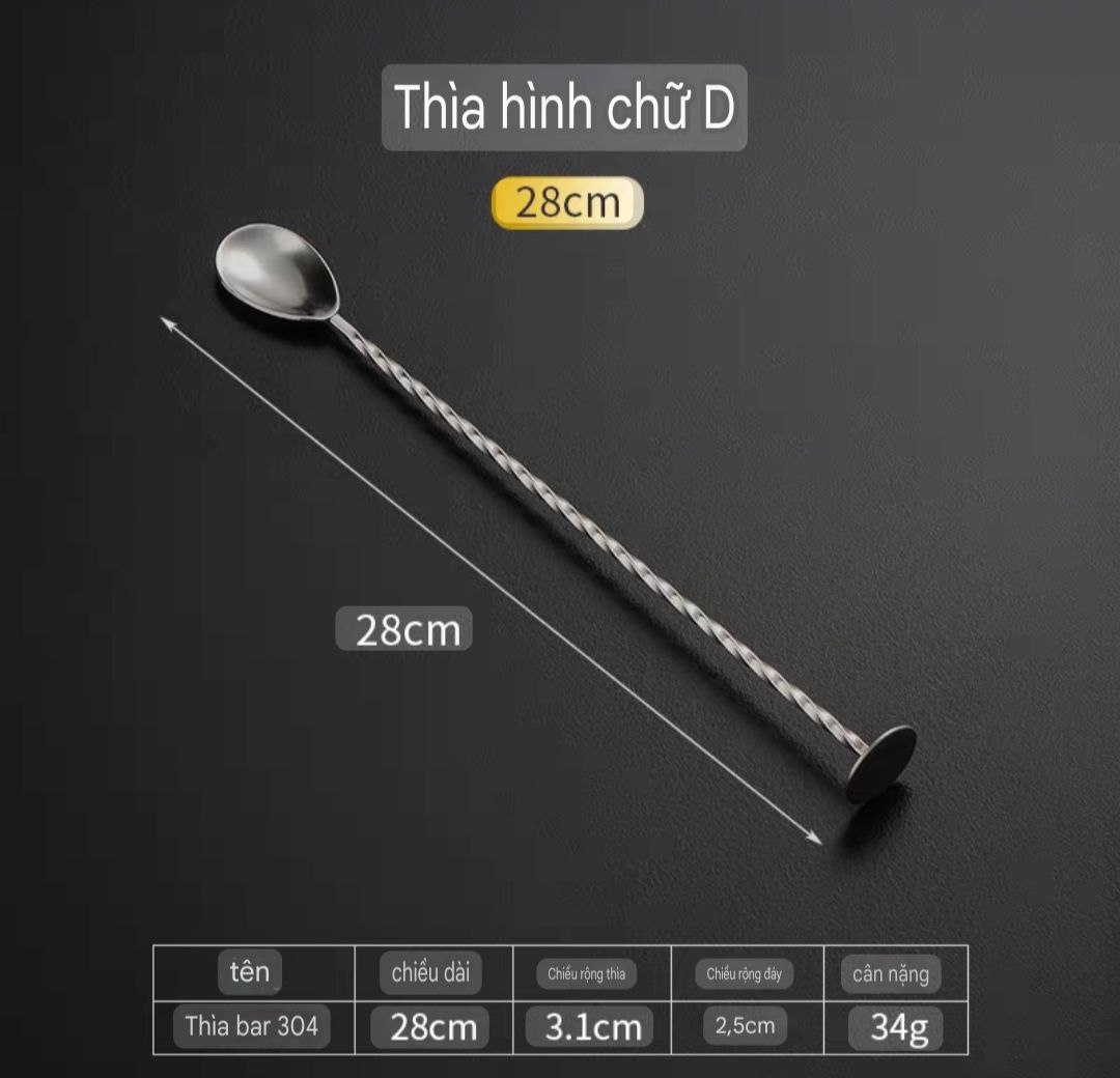 Thìa khuấy quầy pha chế quầy bar nhiều mẫu &amp; size thìa - thanh 2 đầu 32cm - thìa thanh 2 đầu 26cm - thìa giọt nước 30cm - thìa hình chứ D 28cm
