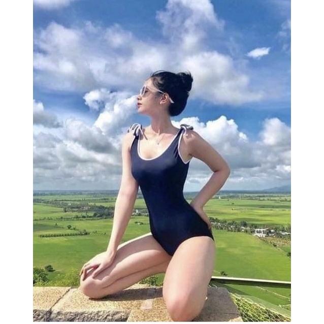 Bikini liền mảnh viền trắng nơ vai dễ thương màu xanh
