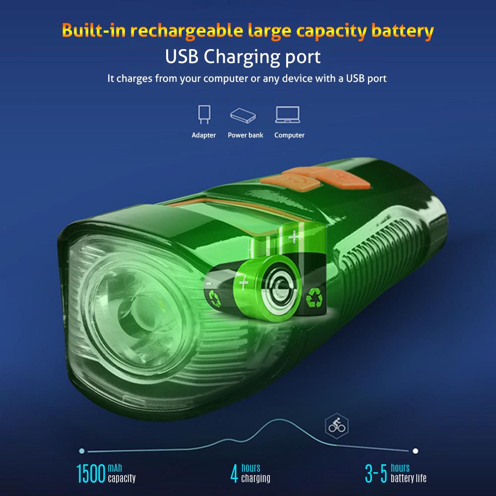 Đèn pha xe đạp có còi với 4 chế độ chiếu sáng, không thấm nước, có thể sạc bằng USB