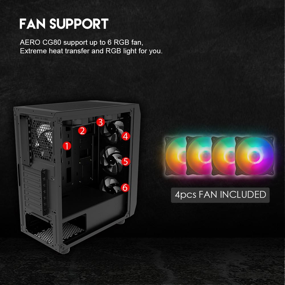 Vỏ Case Máy Tính Mặt Bên Kính Cường Lực FANTECH CG80 AERO Tặng Kèm 4 Quạt LED RGB