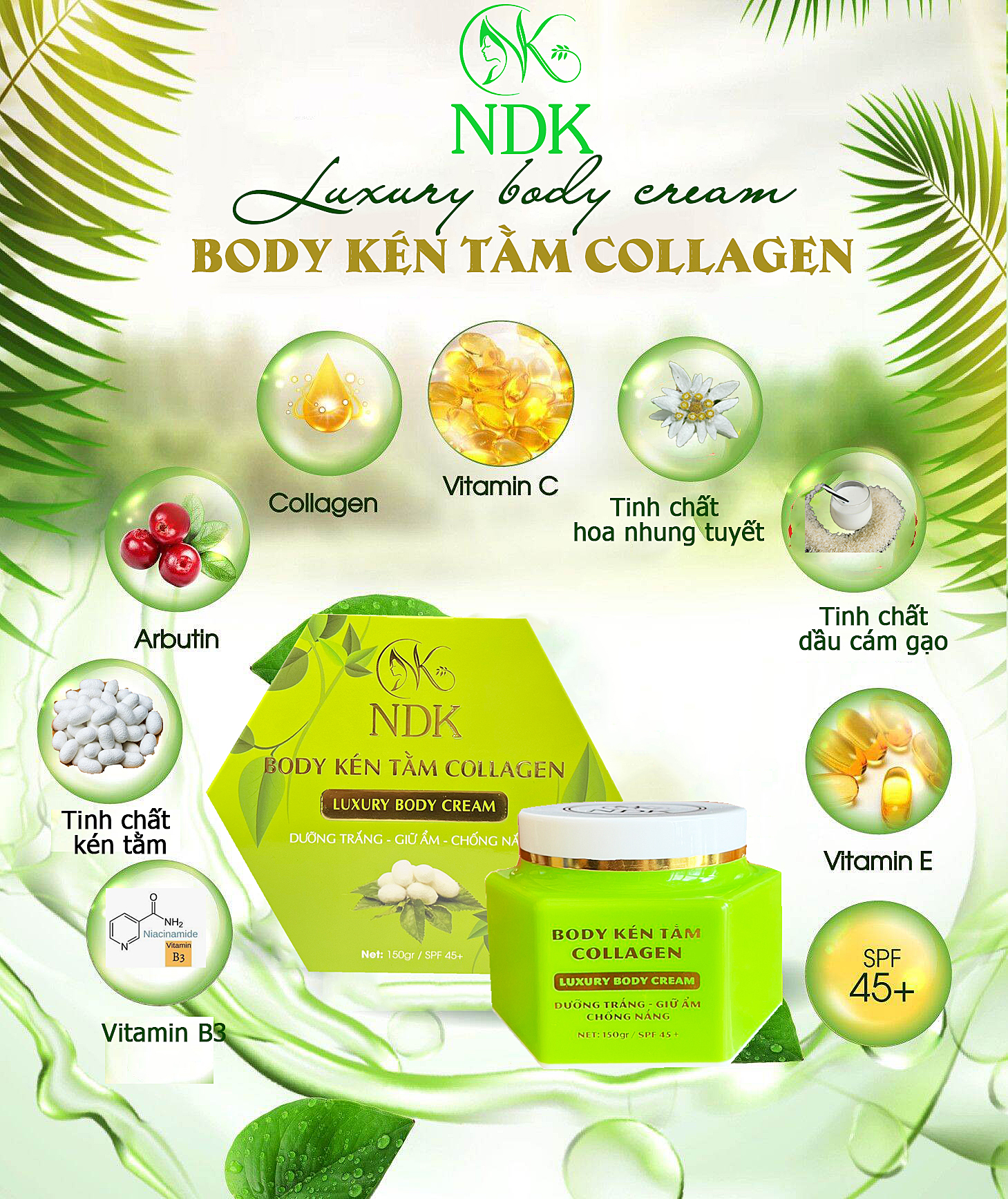 Kem Body Kén Tằm Collagen NDK Dưỡng Trắng Da Cấp Ẩm Chống Nắng 150ML