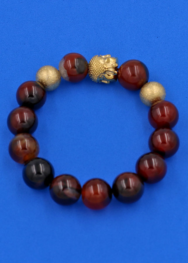 Chuỗi hạt đeo tay Thạch Anh Nâu 14 ly - Vòng tay Phật A Di Đà inox vàng VTANNLVHB14 - Vòng đeo tay size lớn