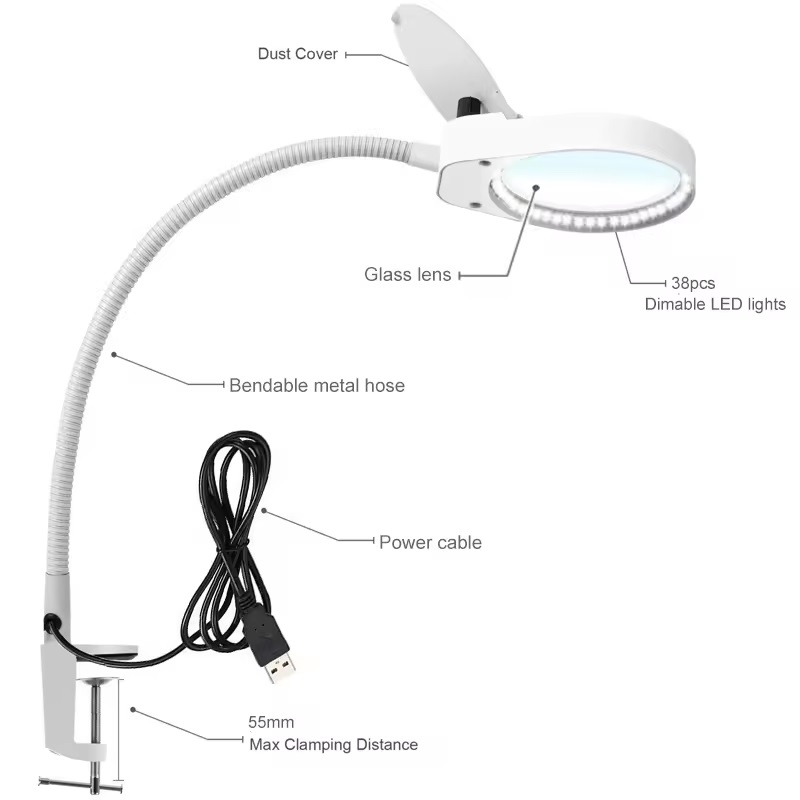 Kính lúp gắn bàn có đèn TERINO DE-7SW (phóng đại 8X và 15X, Led, màu trắng) - Hàng chính hãng