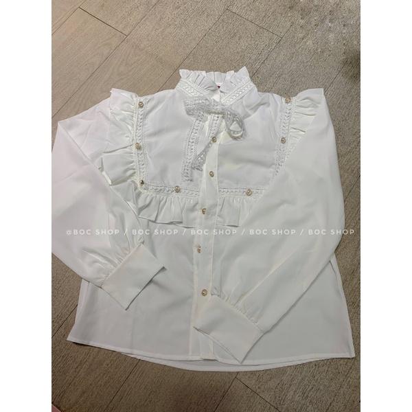 Áo sơ mi nữ kiểu ulzzang tiểu thư cổ nơ tay dài, màu trắng sang chảnh chất vải đẹp