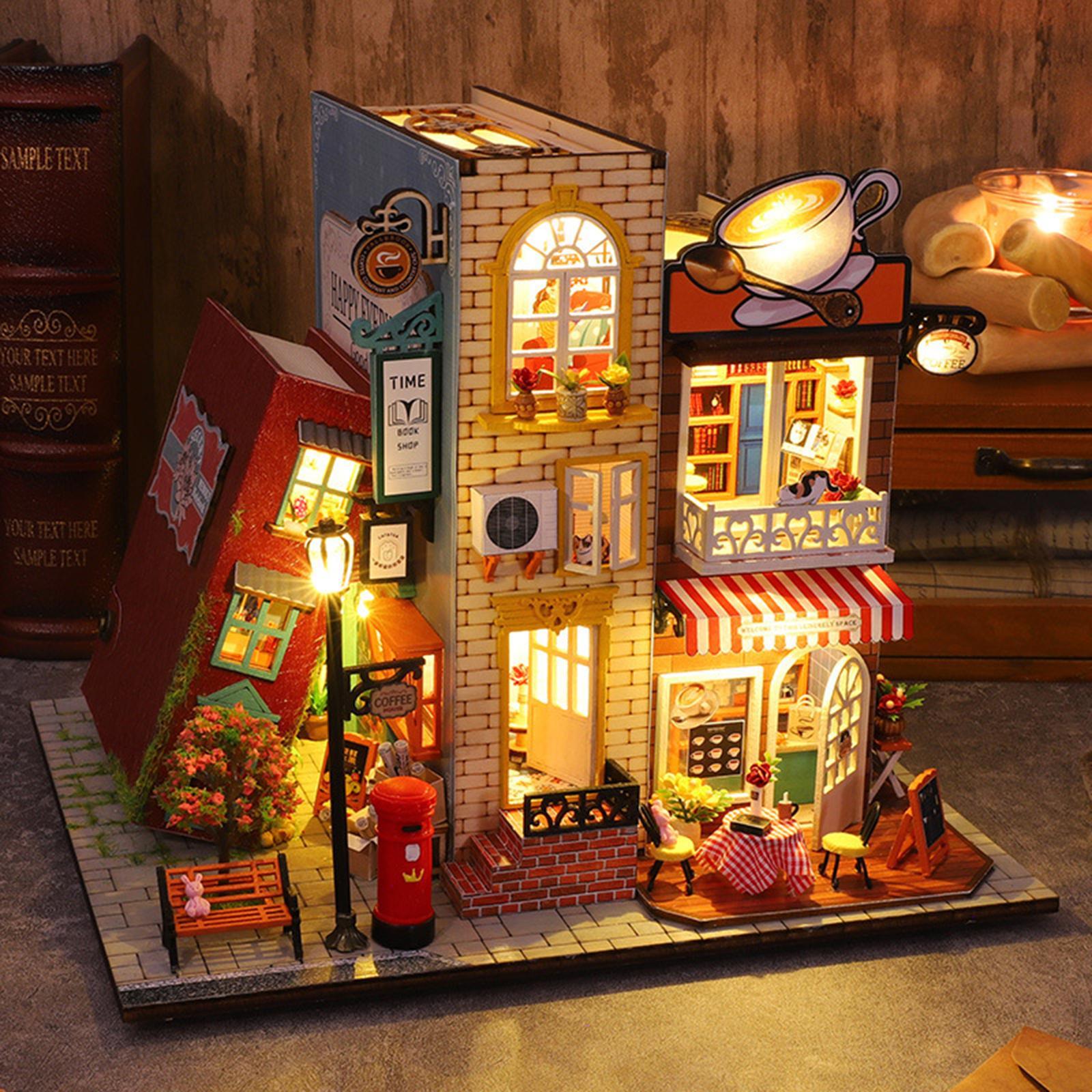 Unfinished Dollhouse DIY Kit with Dustproof Cover Wooden Dollhouse Miniature Kit Creative Room for Shelf Home Living Room Cabinet Decoration
