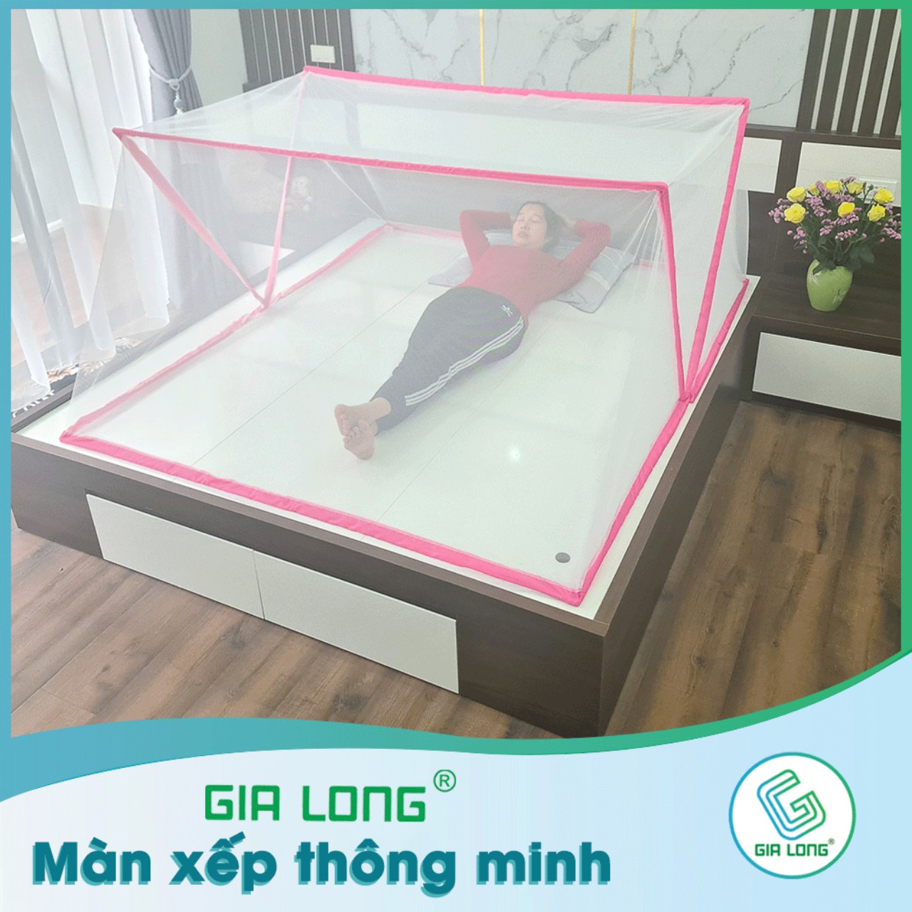 Màn Gấp Gọn Gia Long Cao Cấp (Size người lớn 1.8m x 2m)- màu hồng