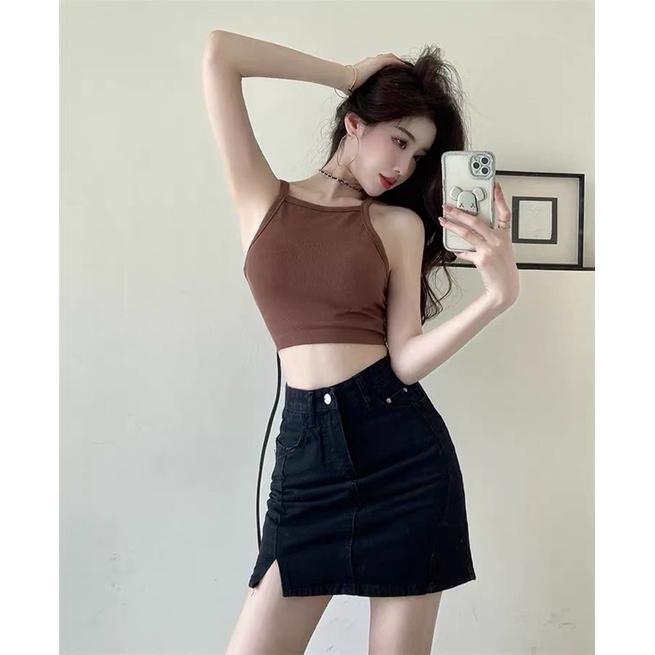 Áo yếm hai dây lệch ôm body dệt kim có đệm mút Quảng Châu cao cấp