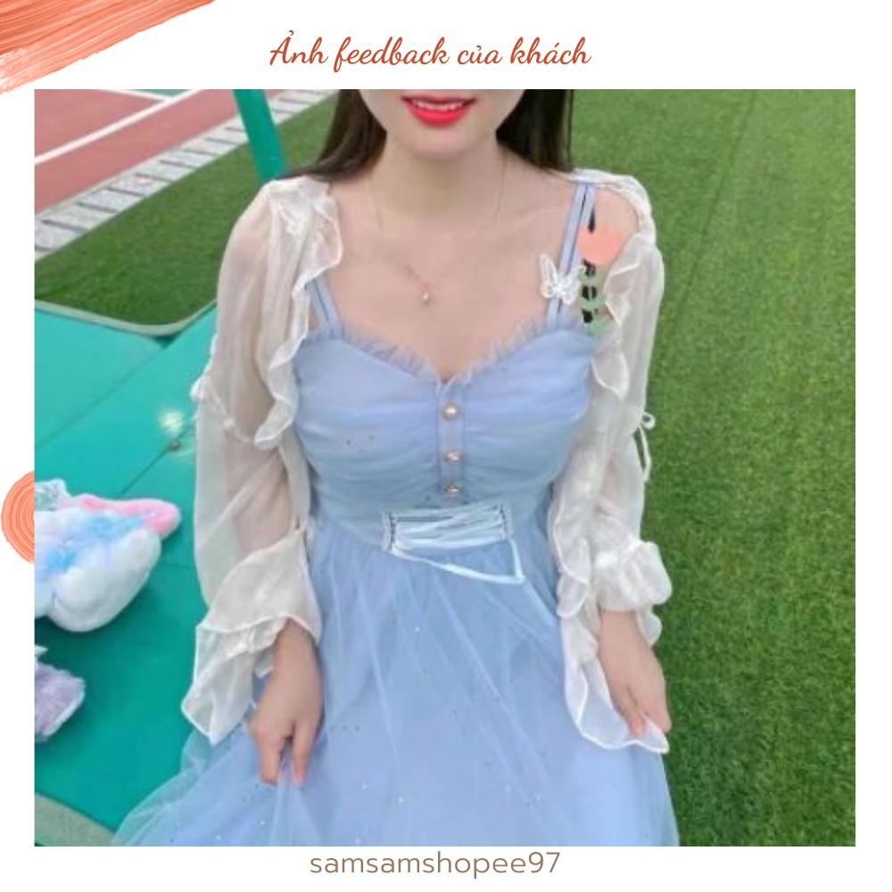 Váy hai dây tiểu thư màu xanh lấp lánh xinh xắn