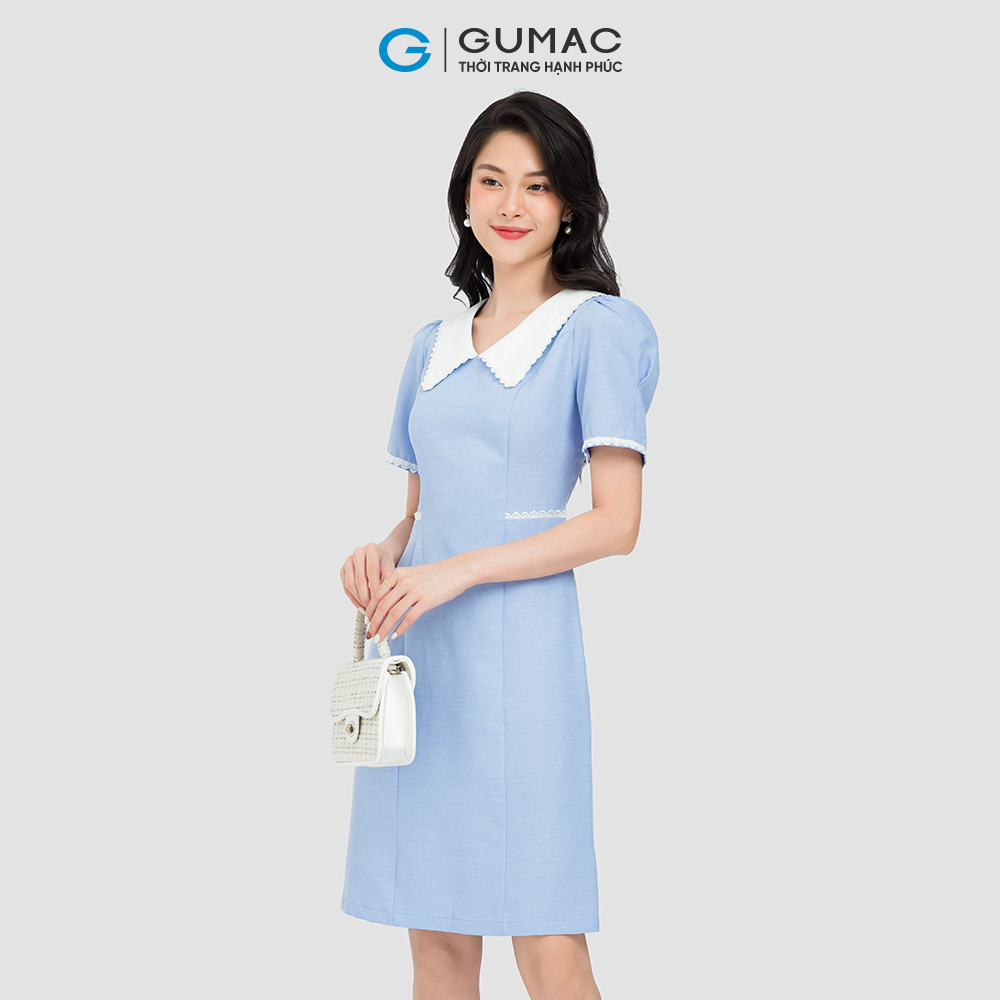 Đầm form A GUMAC DC08031 phối cổ chạy ren chỉ