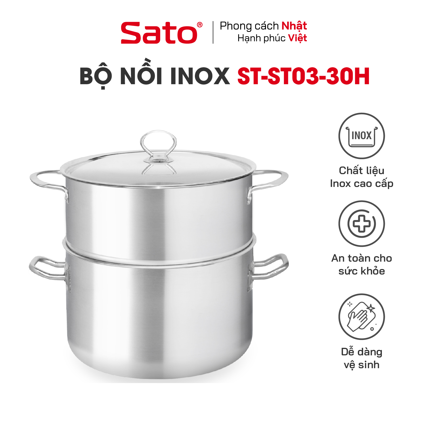 BỘ NỒI INOX 3 ĐÁY SATO ST03-30H (KÈM XỬNG HẤP) - Hàng chính hãng