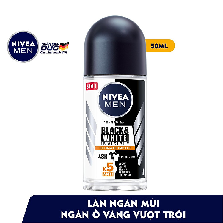 Lăn Ngăn Mùi NIVEA MEN Black&amp;White Ngăn Vệt Ố Vàng Vượt Trội - Hương Mạnh Mẽ (50 ml) - 85392