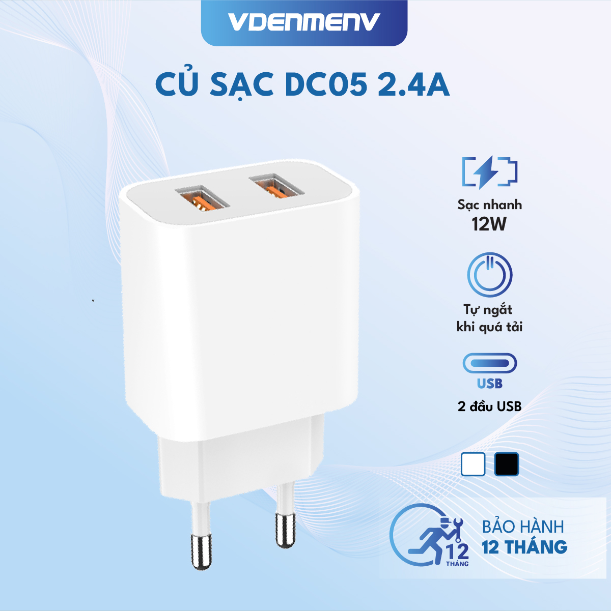 Củ Sạc Nhanh 12W VDENMENV DC05 Vỏ Nhựa ABS Chống Cháy, 2 Đầu USB, Tự Ngắt Khi Quá Tải - Hàng Chính Hãng