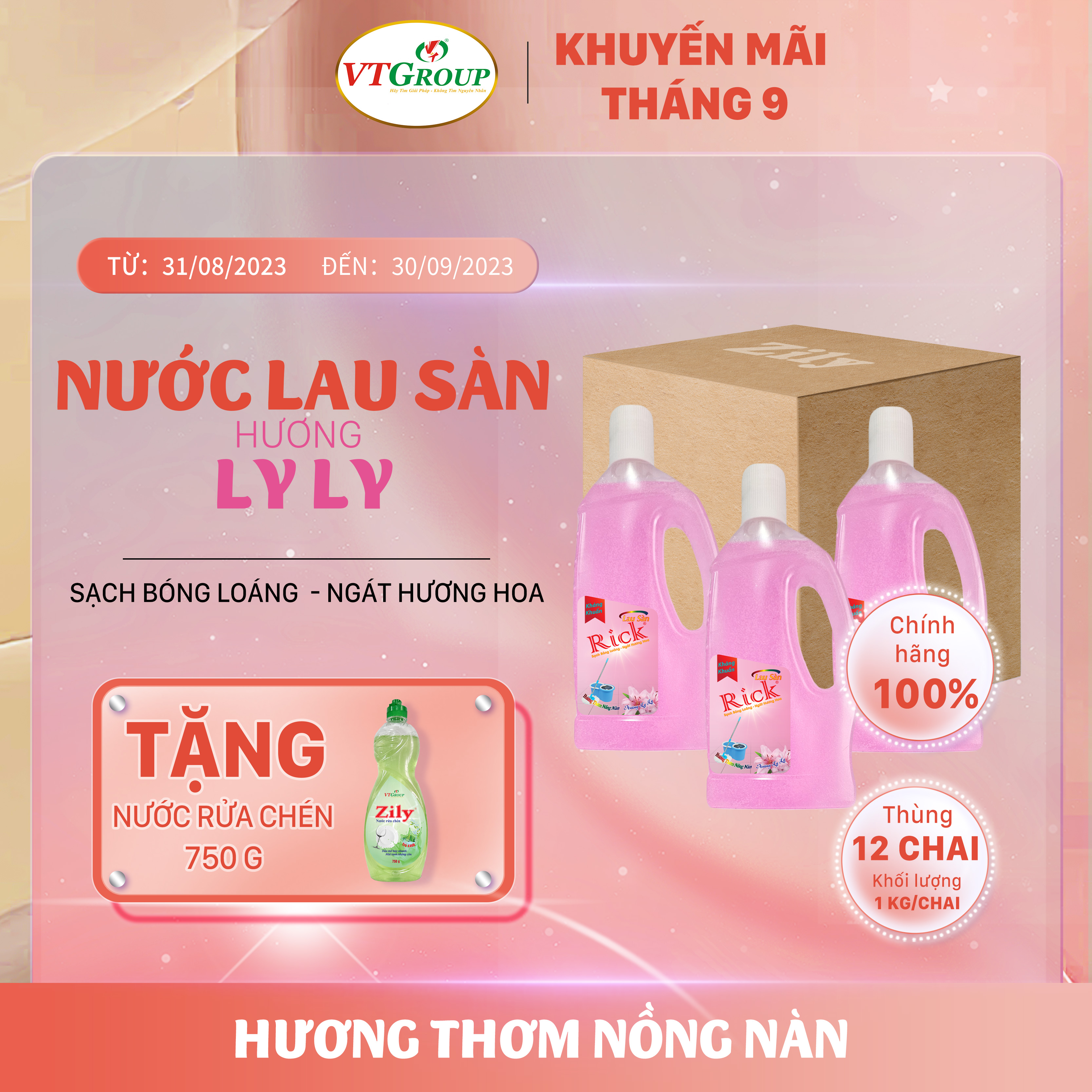 Nước lau sàn Rick 1kg (12 chai/thùng) - Tặng 1 chai rửa chén 750g