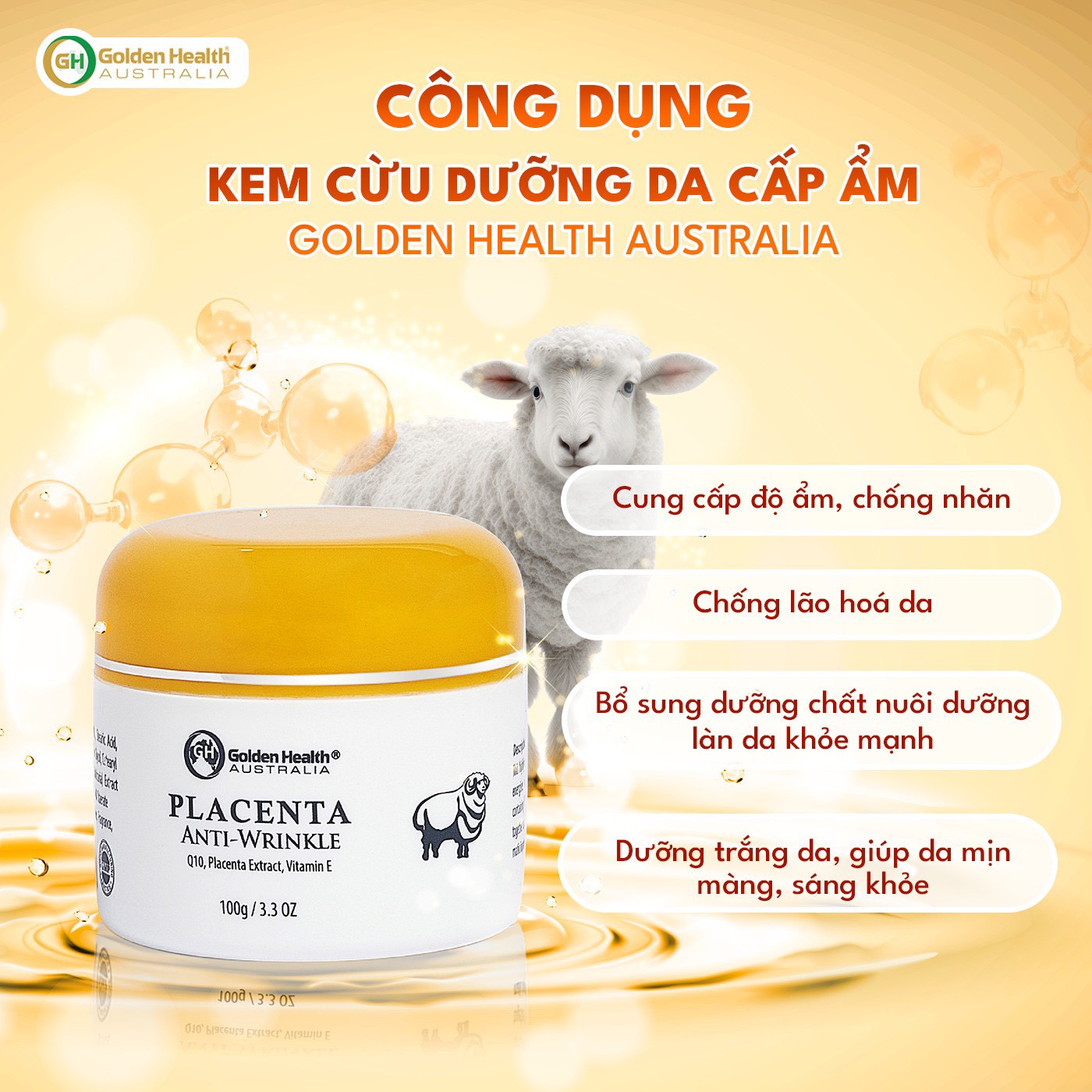 Kem Dưỡng Trắng Da Nhau Thai Cừu Chống Nhăn, Giúp Làm Mờ Vết Thâm Nám, Dưỡng Ẩm Da Luôn Căng Bóng, Mịn Màng, Thúc Đẩy Tái Tạo Tế Bào Mới Golden Health Vitamin E 100g - Nhập Khẩu Chính Ngạch Từ Úc