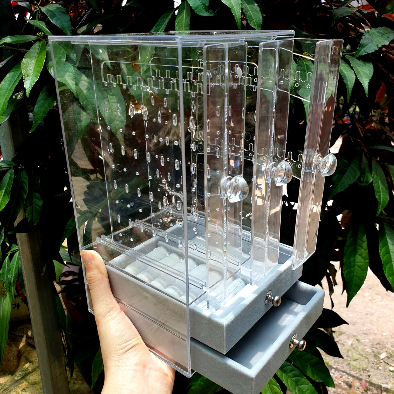 Kệ Đựng BôngTai Nhựa Mica 3 Cánh 2 Ngăn Kéo Trong Suốt Cao Cấp