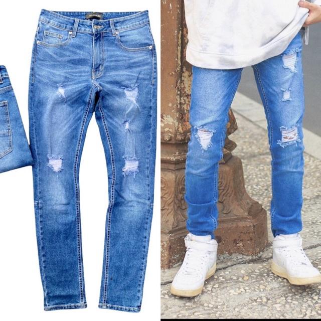 Quần Jeans Nam Streetwear Cao Cấp TLB Vietnam, Quần Bò Màu Xanh Form Skinny Jeans Rách Gối Co Giãn