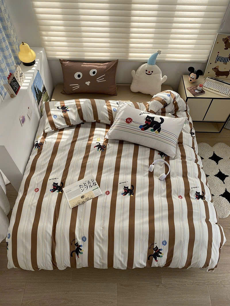 Bộ vỏ chăn ga gối cotton đũi LIDACO họa tiết kẻ sọc in hình con vật ngộ nghĩnh phù hợp với mọi cỡ nệm
