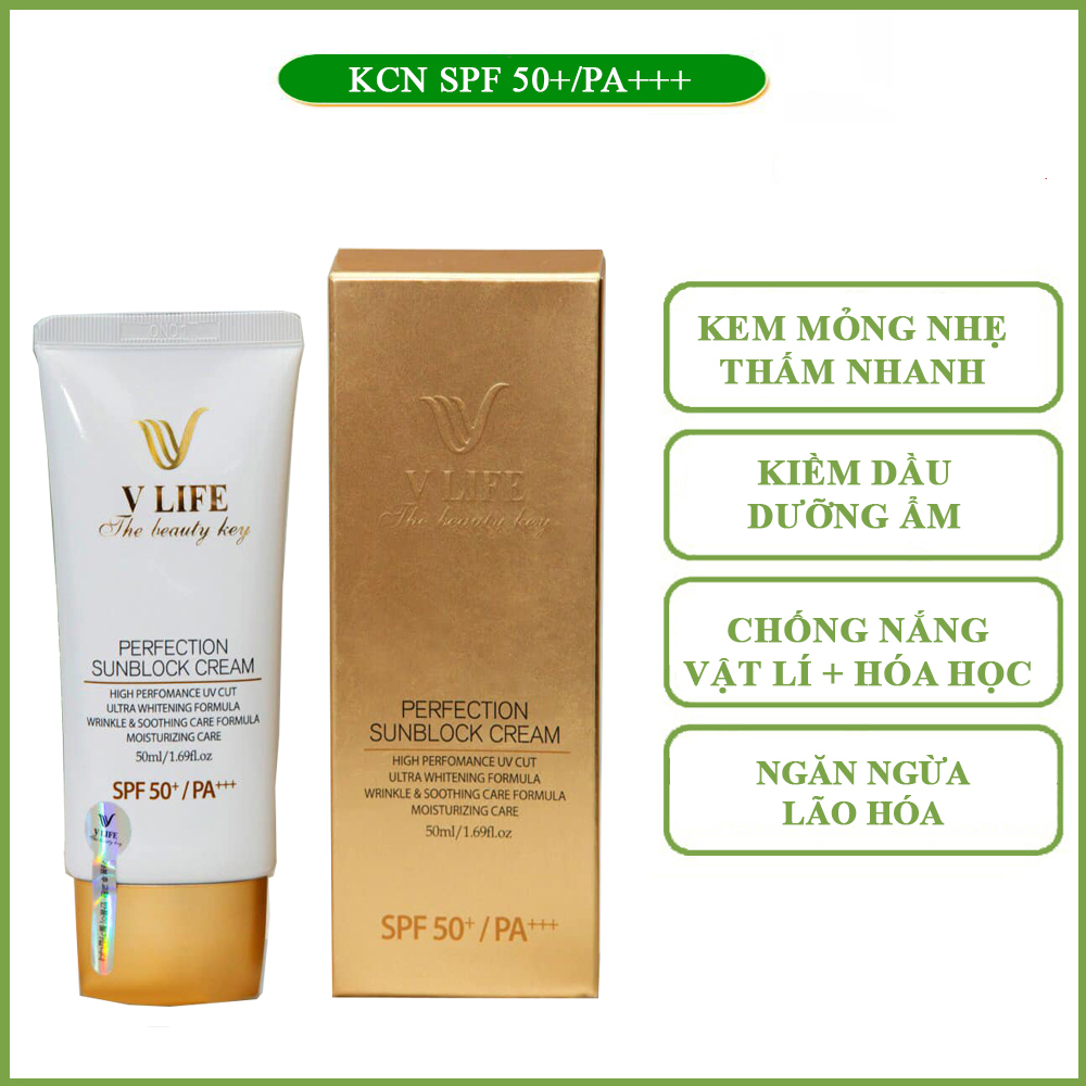 Kem chống nắng 2 tầng Vlife PERFECTION SUNBLOCK CREAM SPF50+/PA+++ kết hợp chống nắng vật lí và hóa học, chống nắng tối ưu bảo vệ da 12h, SPF 50+/PA+++, không bết rit, không nhờn, không trôi