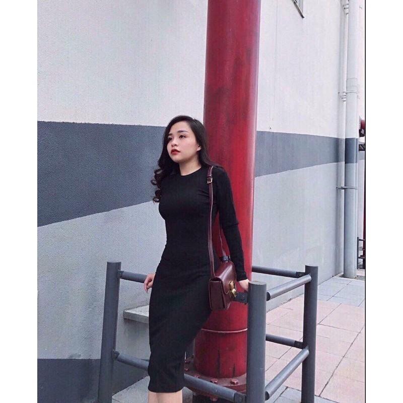 Váy body len tăm dài tay cổ tròn