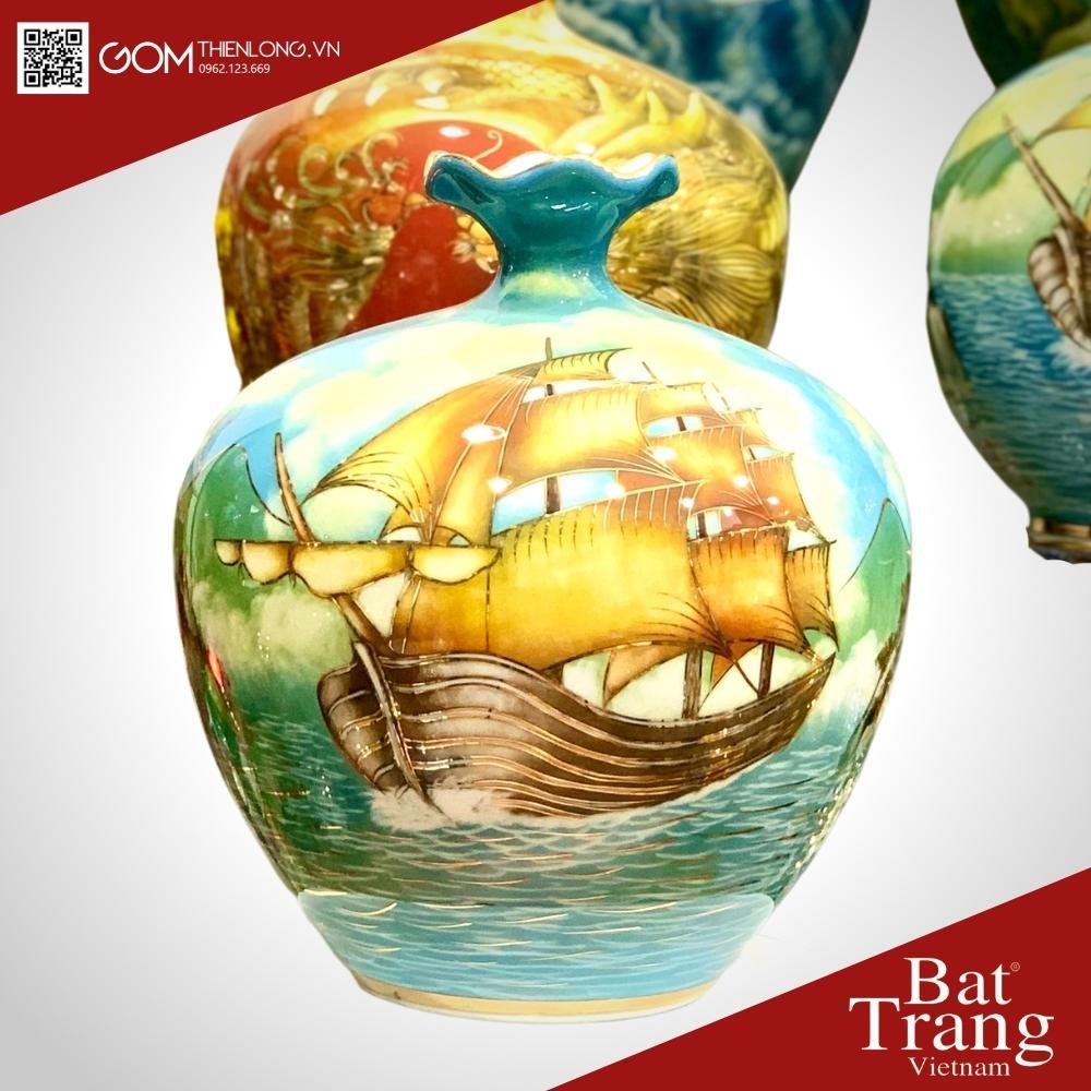 Bình Hút Tài Lộc Thuận Buồm Xuôi Gió 3D - Miệng Lượn Vẽ Vàng- Bình Hút Lộc Bát Tràng - Gốm Thiên Long