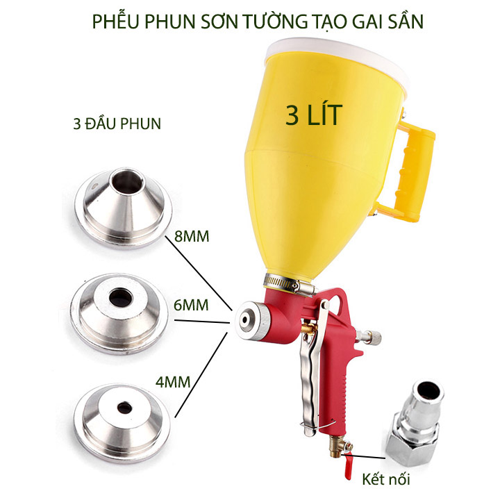 Phễu phun gai sần phun giả đá, phun sơn phủ tạo sần bằng hợp kim nhôm, bình nhựa ABS 3 lít