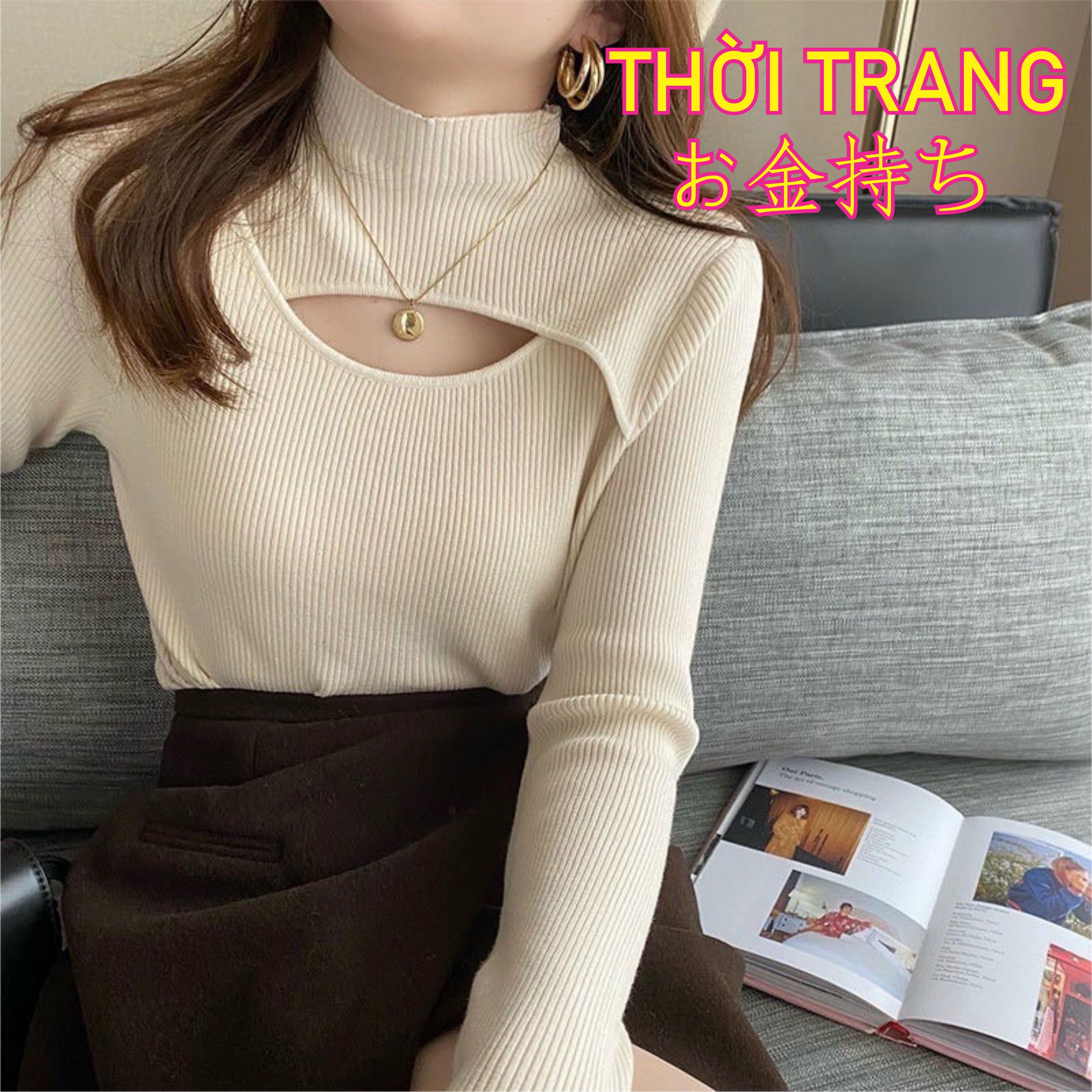 Áo len mỏng dài tay khoét ngực nữ tính cổ cao 3 phân 503