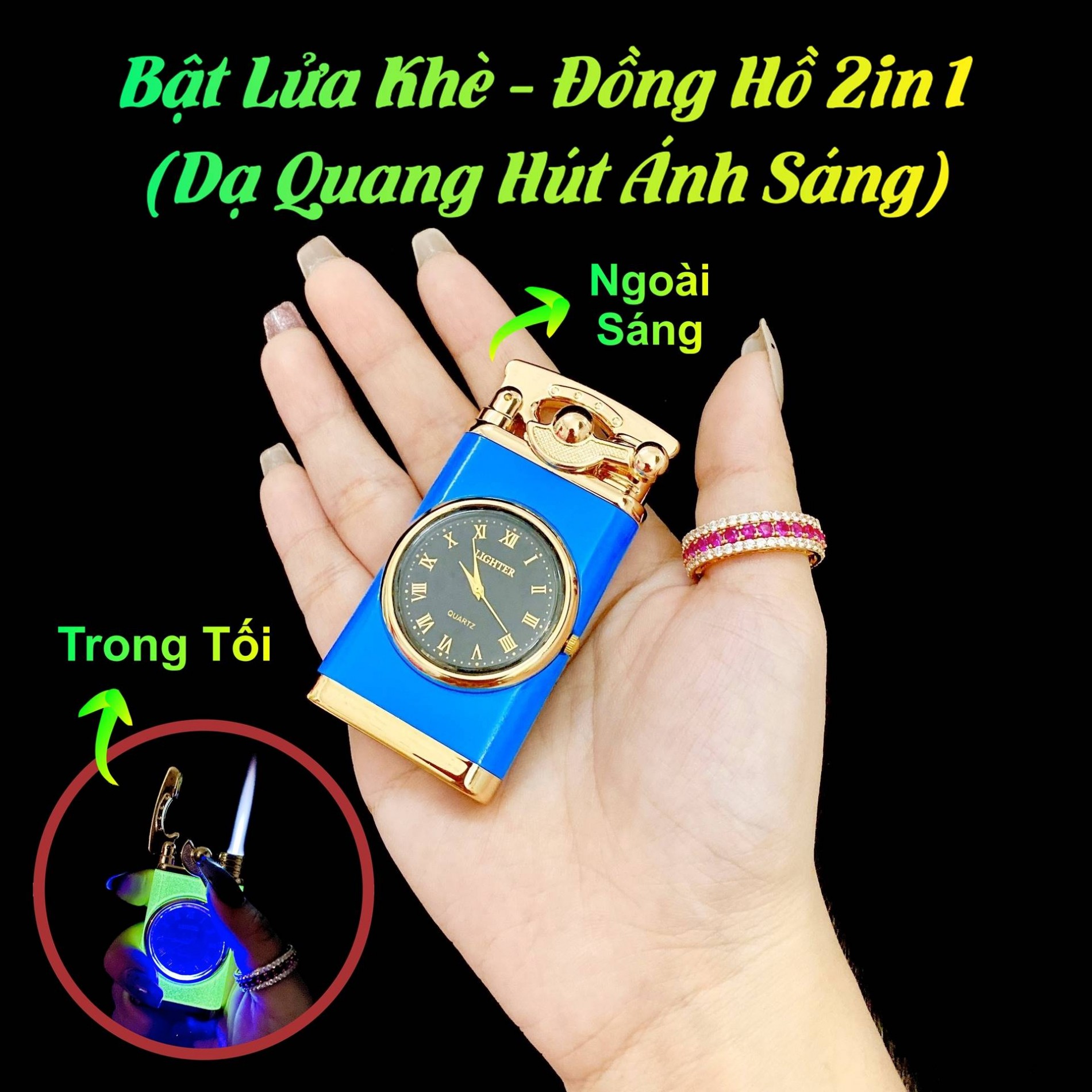 Hộp quẹt bật lửa khè kiêm đồng hồ 2in1 búng tay đánh lửa (dạ quang hút ánh sáng) - (xài gas