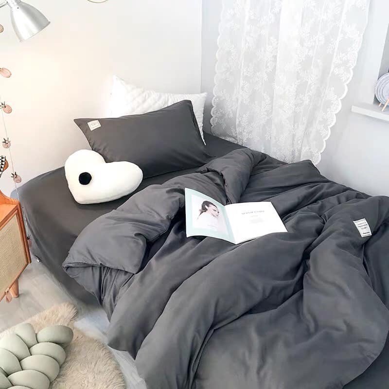 Bộ Drap & Chăn Phao Cotton TC Ghi Đậm