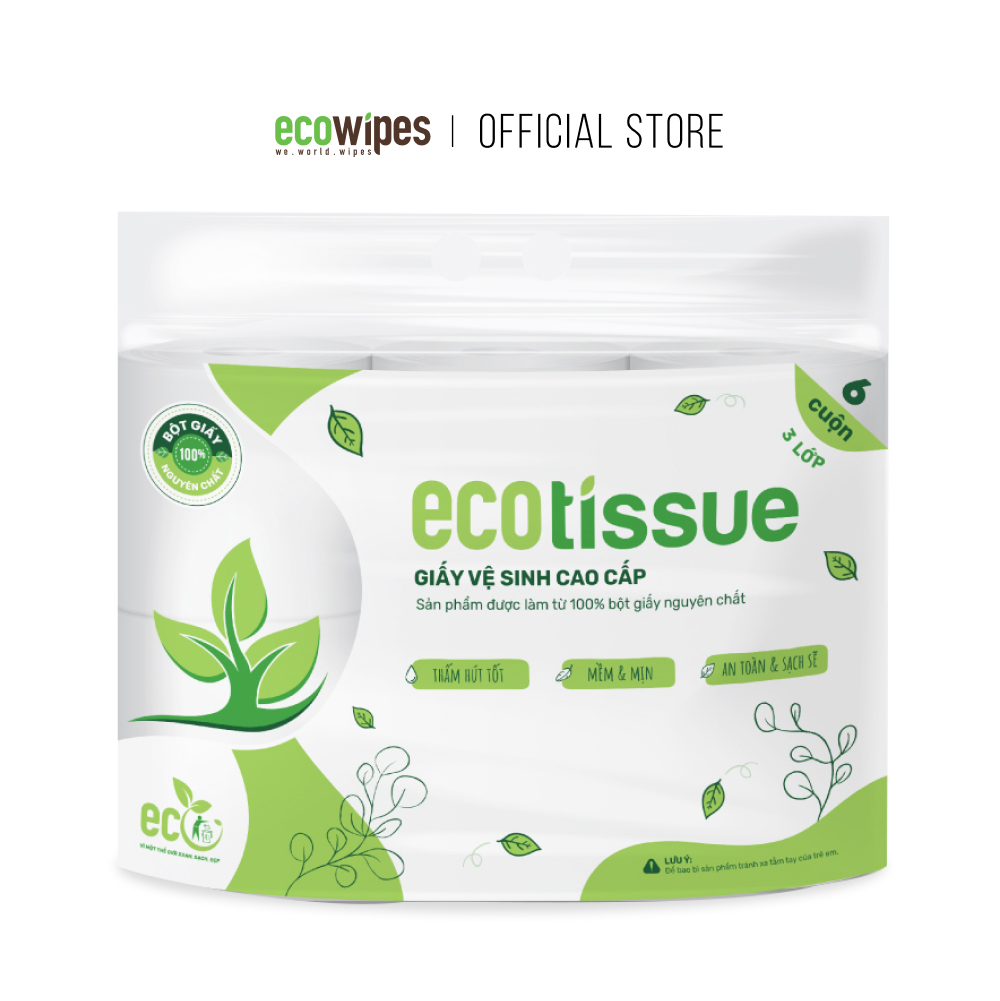 Giấy vệ sinh giấy cuộn cao cấp Ecotissue 3 lớp lốc 6 cuộn có lõi cao cấp mềm dai tự nhiên