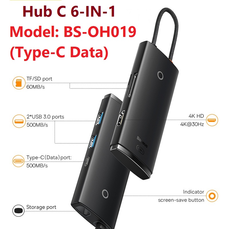 Bộ chuyển đổi cổng type C đa năng 6 trong 1 Baseus Airjoy Lite Series BS-OH019 / BS-OH020 _ Hàng chính hãng
