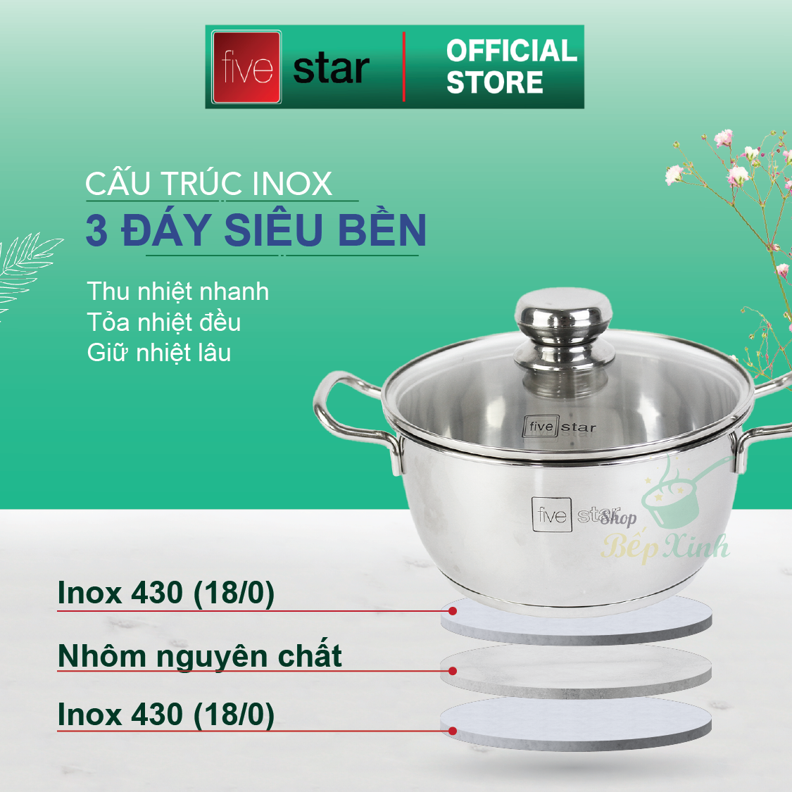 Bộ nồi chảo xửng hấp 3 Đáy Inox 430 cao cấp Fivestar Standard 6 món bếp từ nắp kính , tặng 1 vá canh