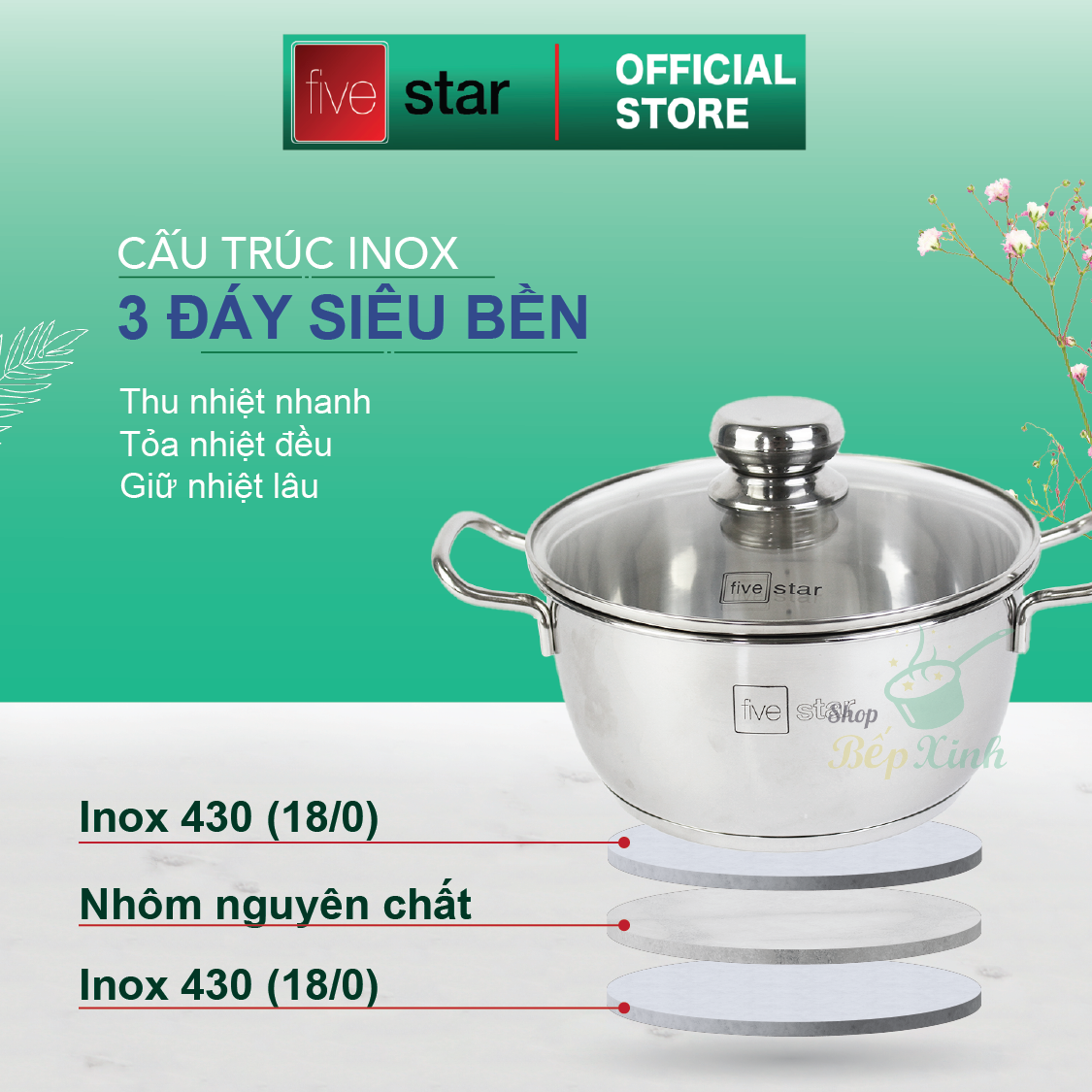 Bộ Nồi Chảo 3 Đáy Từ Inox 430 cao cấp Fivestar Standard 5 món , tặng 5 muỗng