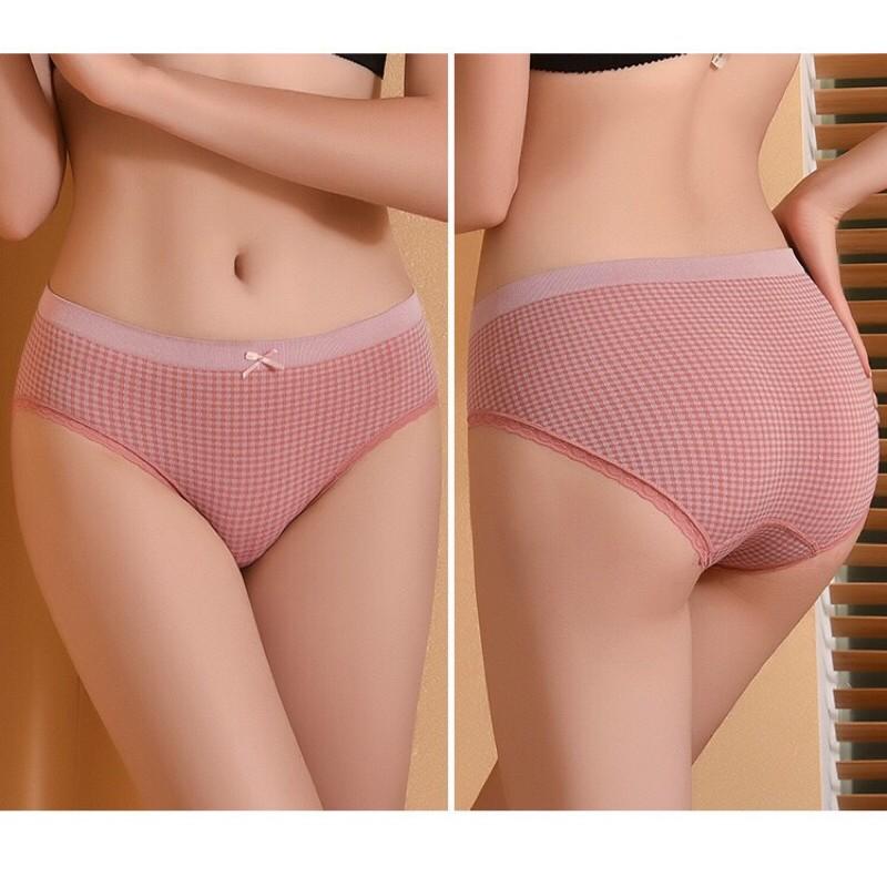 Quần Lót Nữ Cotton Co Giãn 4 Chiều Kẻ Caro Viền Ren Dễ Thương 555