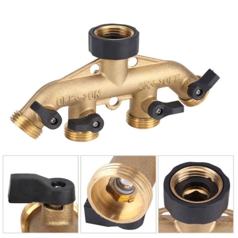 Bộ chia ống 4 chiều bằng đồng thau nguyên khối có van ngắt, vòi định vị và đầu ra 3/4", có thể sử dụng tối đa 4 ống cùng lúc.