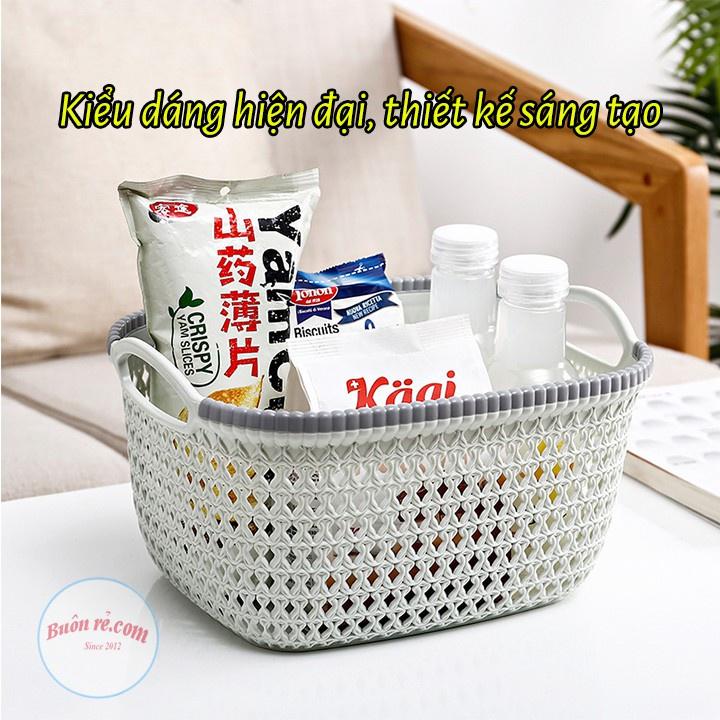 Rổ nhựa giả đan mây có quai cầm size nhỏ - Giỏ Hàn xinh xắn